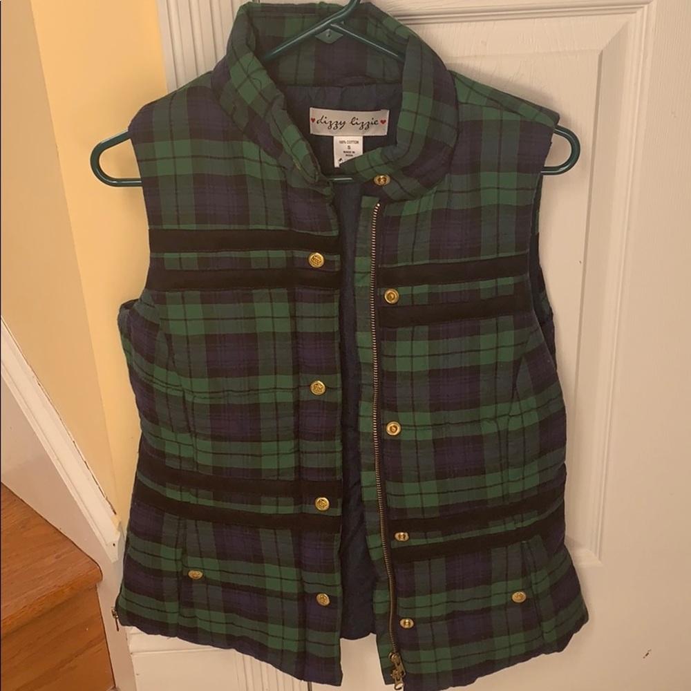 Green and blue plaid puffer vest
